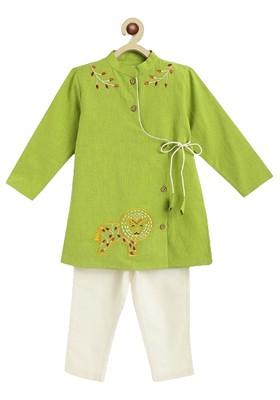 Green Embroidered Cotton Kurta Set For Boys