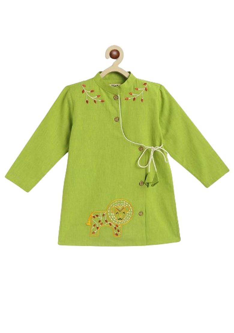 Green Embroidered Cotton Kurta Set For Boys - Indya