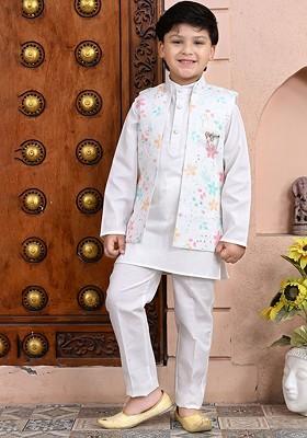 White Embroidered Blended Kurta Set For Boys