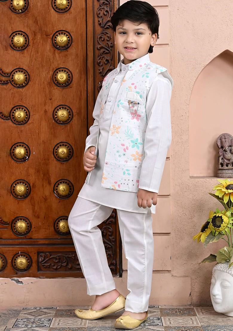 White Embroidered Blended Kurta Set For Boys - Indya