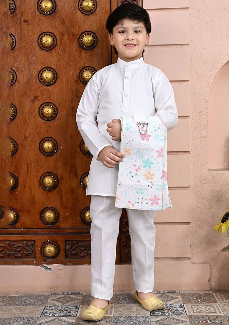 White Embroidered Blended Kurta Set For Boys - Indya