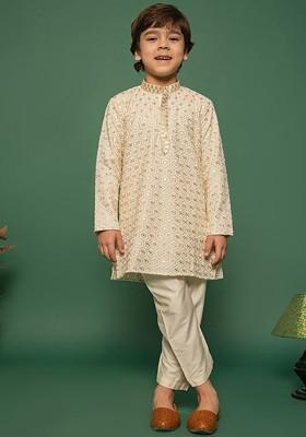 Off White Embroidered Blended Kurta Set For Boys