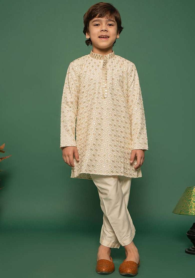 Off White Embroidered Blended Kurta Set For Boys - Indya