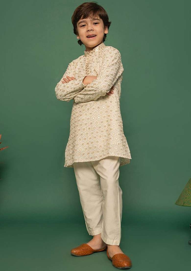 Off White Embroidered Blended Kurta Set For Boys - Indya