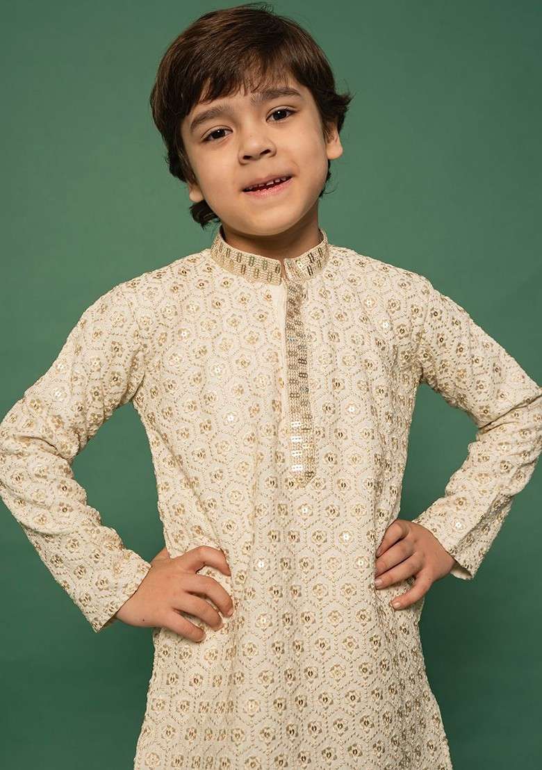 Off White Embroidered Blended Kurta Set For Boys - Indya