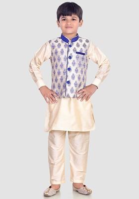 Beige Thread Work Blended Kurta Set For Boys