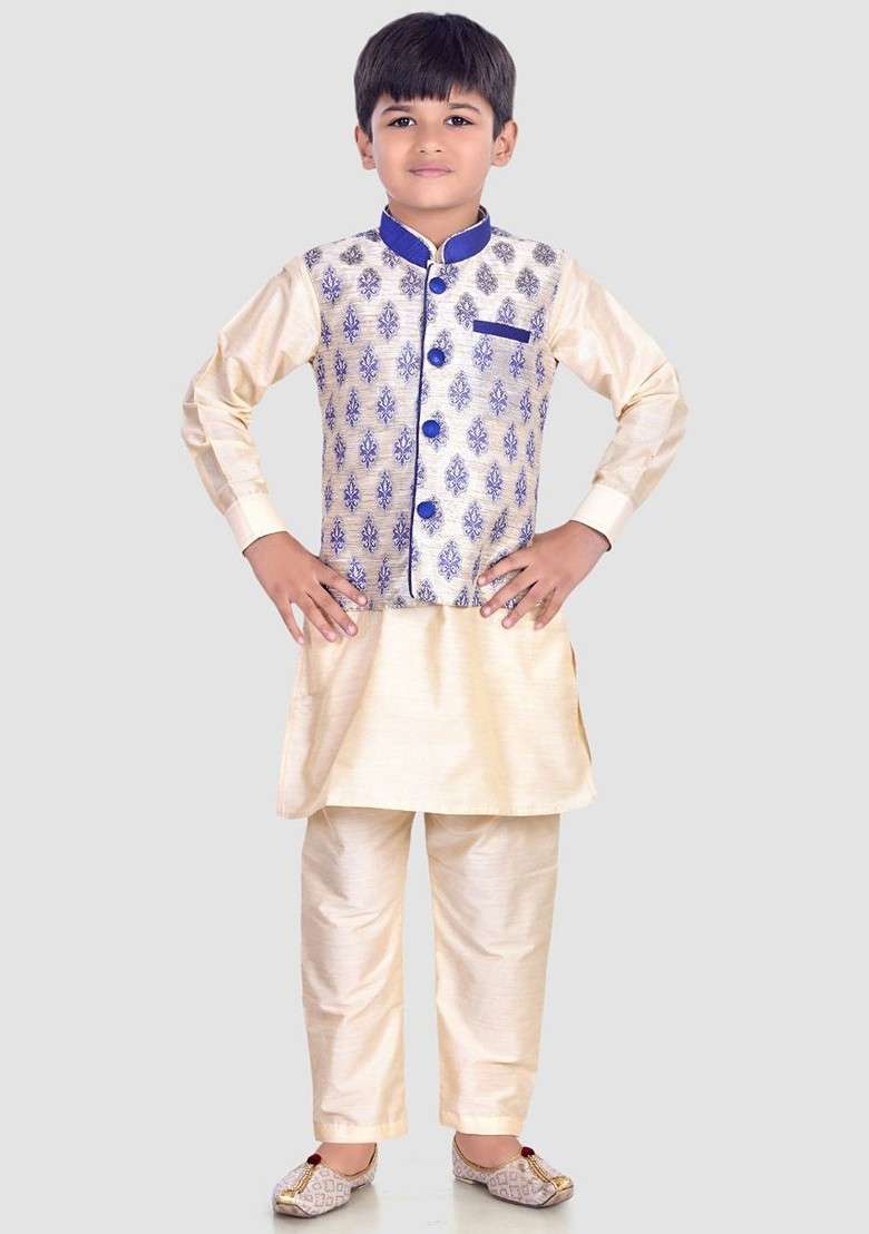 Beige Thread Work Blended Kurta Set For Boys - Indya