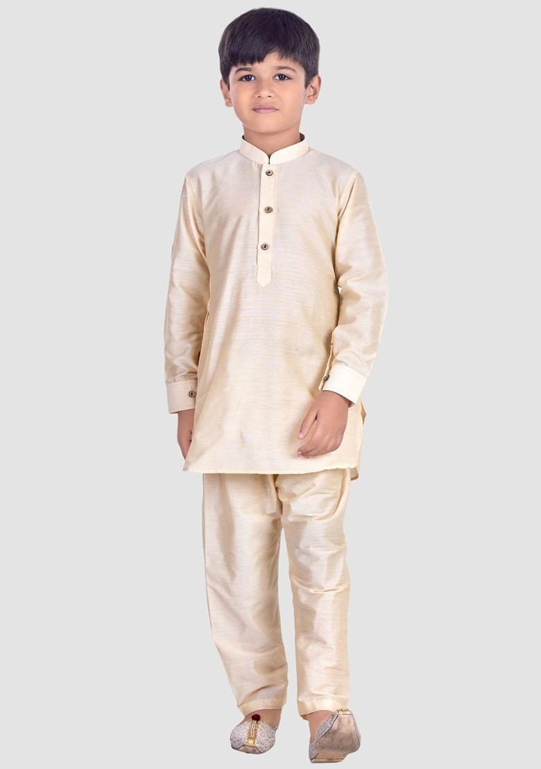 Beige Thread Work Blended Kurta Set For Boys - Indya