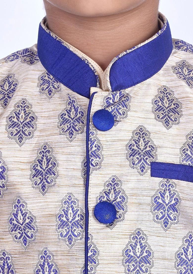 Beige Thread Work Blended Kurta Set For Boys - Indya