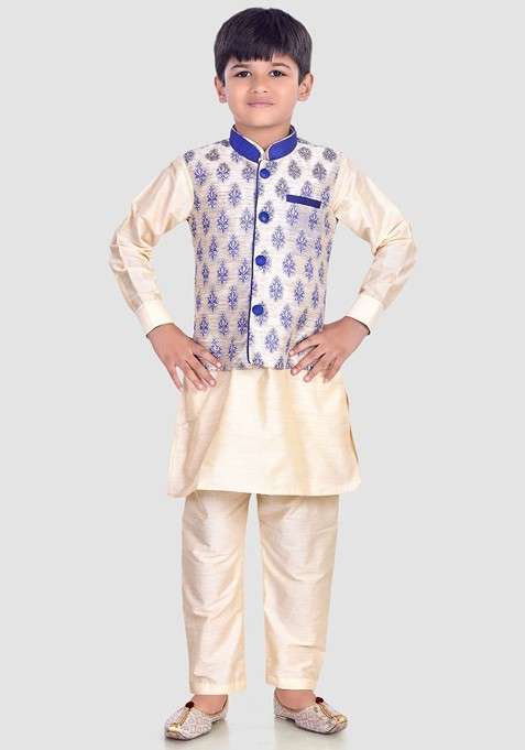 Beige Thread Work Blended Kurta Set For Boys
