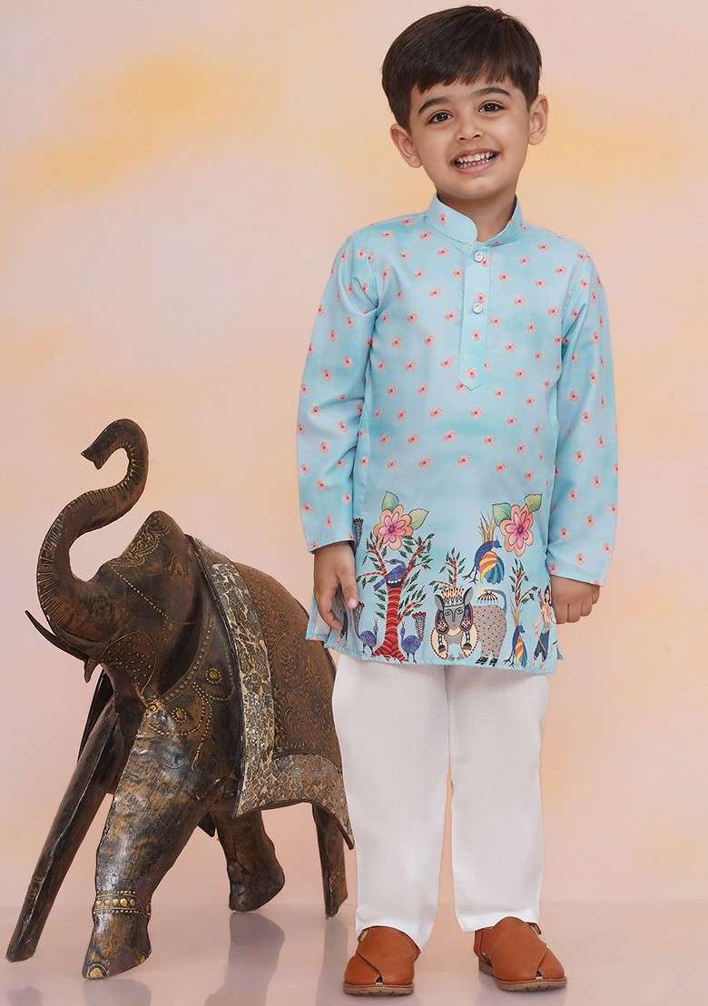 Blue Printed Silk Kurta Set For Boys - Indya