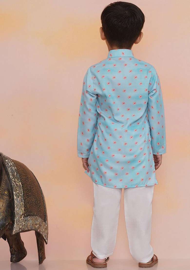 Blue Printed Silk Kurta Set For Boys - Indya