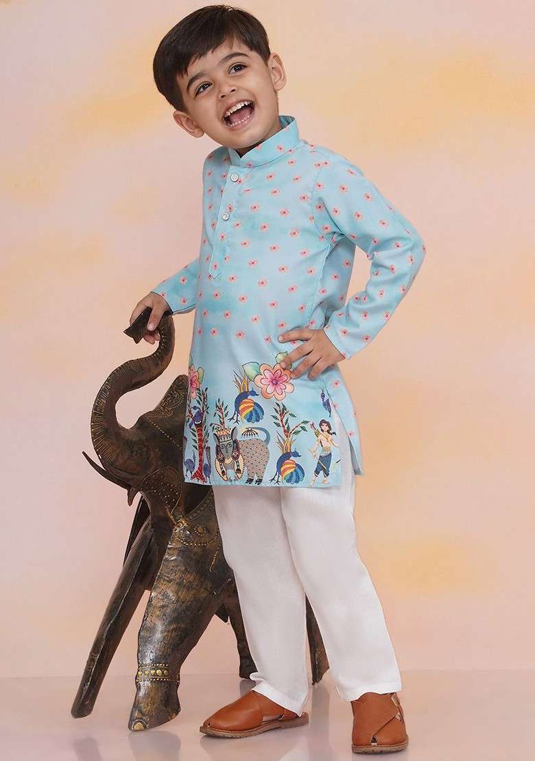 Blue Printed Silk Kurta Set For Boys - Indya