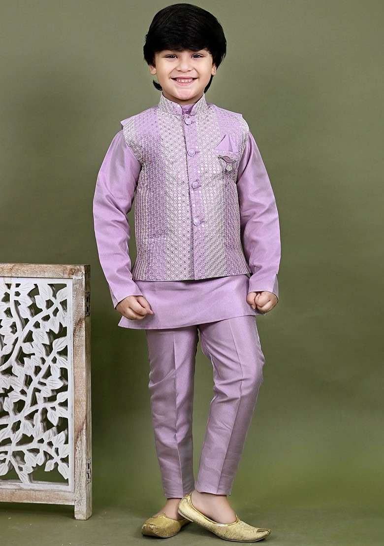 Mauve Embroidered Cotton Nehru Jacket Set For Boys - Indya