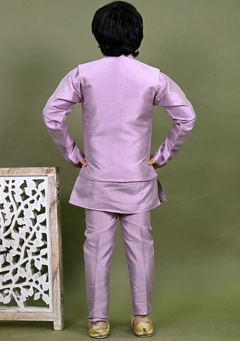 Mauve Embroidered Cotton Nehru Jacket Set For Boys - Indya