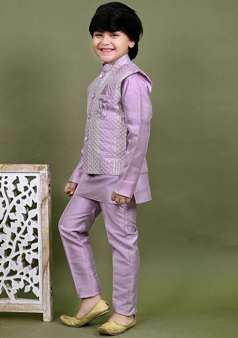 Mauve Embroidered Cotton Nehru Jacket Set For Boys - Indya