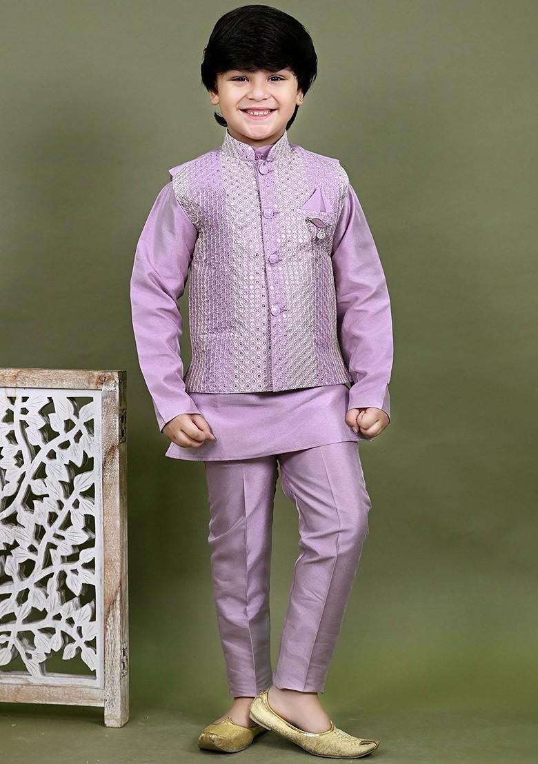 Mauve Embroidered Cotton Nehru Jacket Set For Boys - Indya