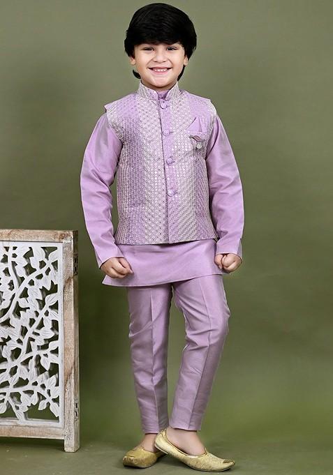 Mauve Embroidered Cotton Nehru Jacket Set For Boys