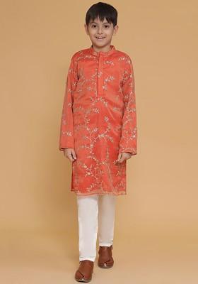 Orange Embroidered Blended Kurta Set For Boys