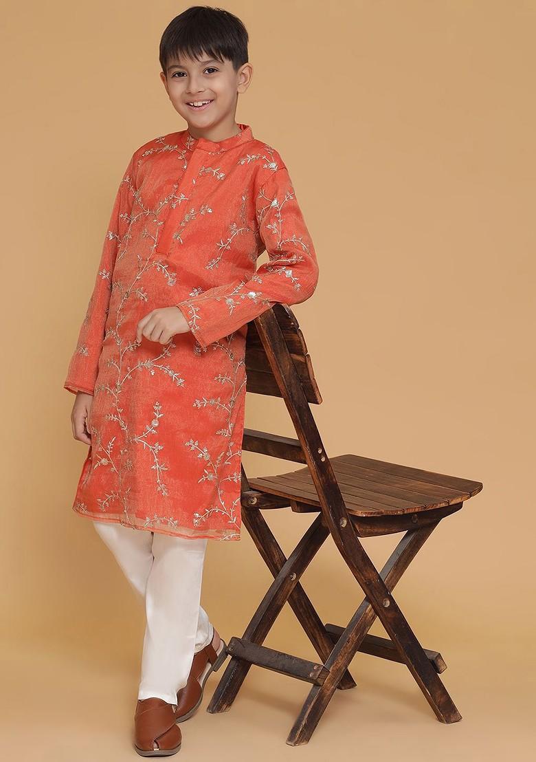 Orange Embroidered Blended Kurta Set For Boys - Indya