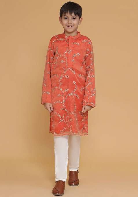 Orange Embroidered Blended Kurta Set For Boys