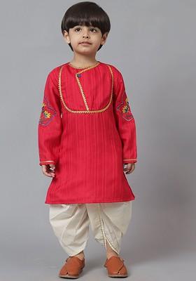 Red Embroidered Blended Kurta Dhoti Set For Boys