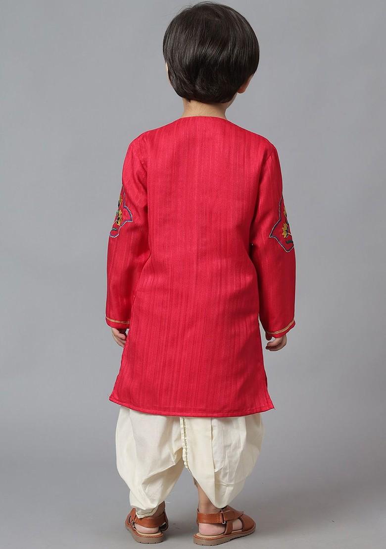 Red Embroidered Blended Kurta Dhoti Set For Boys - Indya
