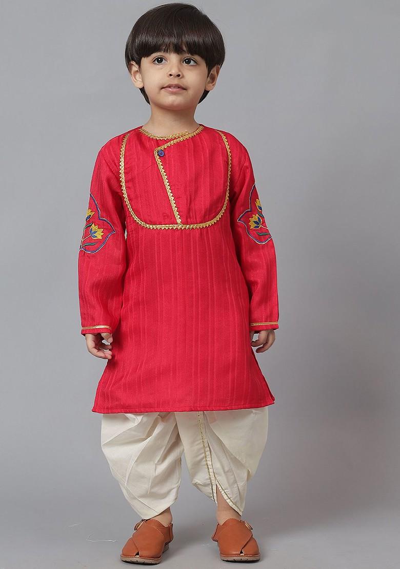 Red Embroidered Blended Kurta Dhoti Set For Boys - Indya