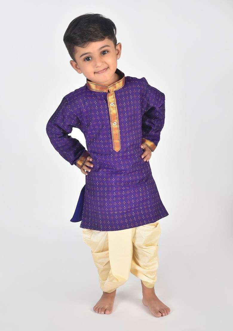 Violet Printed Cotton Kurta Dhoti Set For Boys - Indya