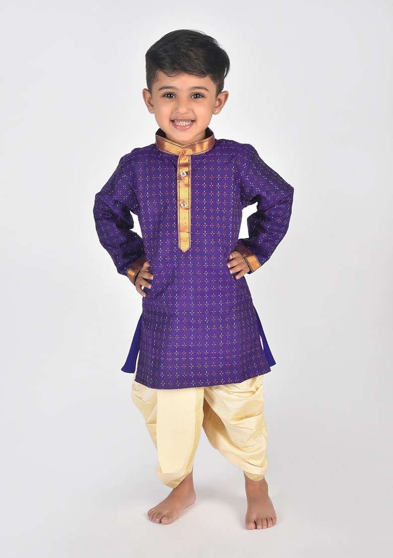 Violet Printed Cotton Kurta Dhoti Set For Boys - Indya