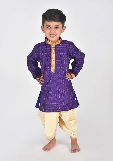 Violet Printed Cotton Kurta Dhoti Set For Boys