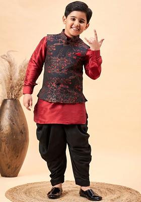 Maroon Embroidered Blended Kurta Dhoti Set For Boys
