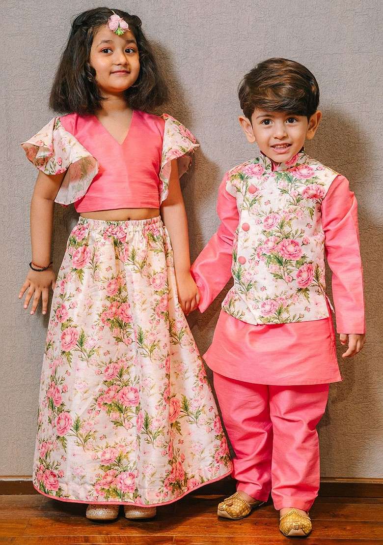 Pink Solid Blended Nehru Jacket Set For Boys - Indya