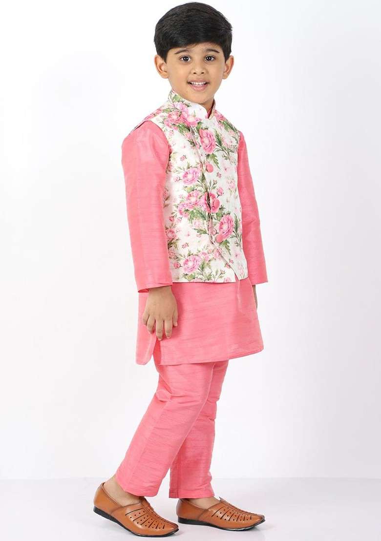 Pink Solid Blended Nehru Jacket Set For Boys - Indya