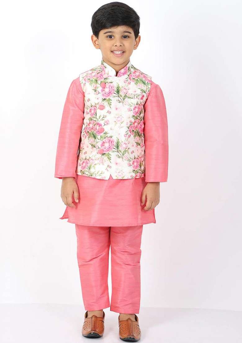 Pink Solid Blended Nehru Jacket Set For Boys - Indya