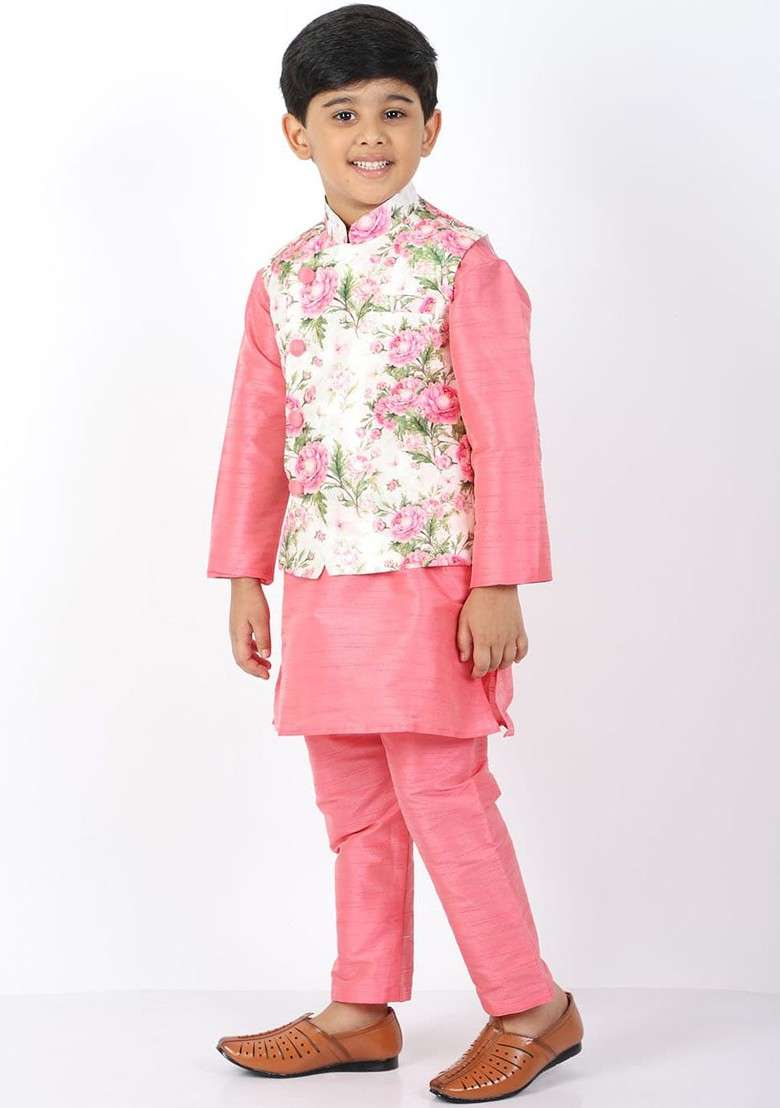 Pink Solid Blended Nehru Jacket Set For Boys - Indya