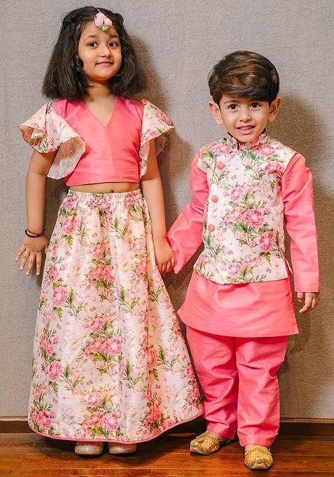 Pink Solid Blended Nehru Jacket Set For Boys