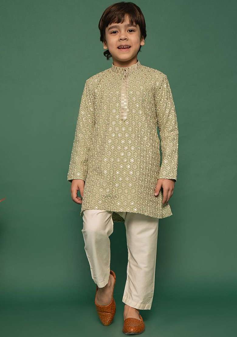 Green Embroidered Blended Kurta Set For Boys - Indya