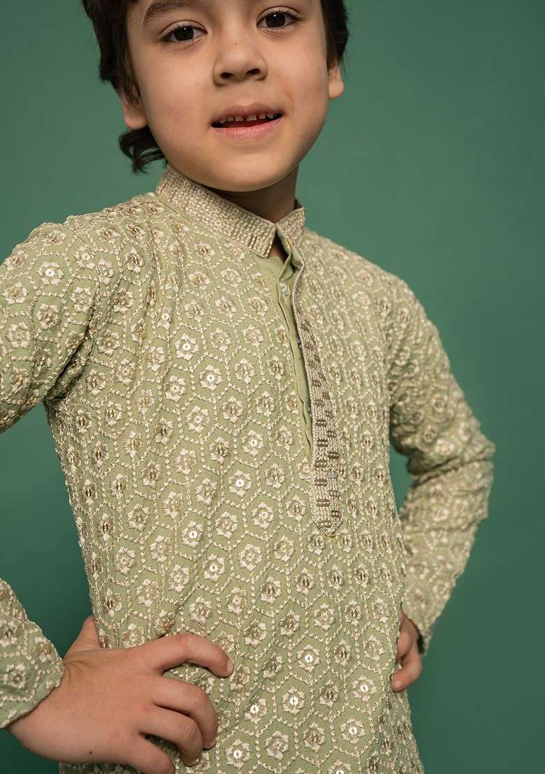Green Embroidered Blended Kurta Set For Boys - Indya