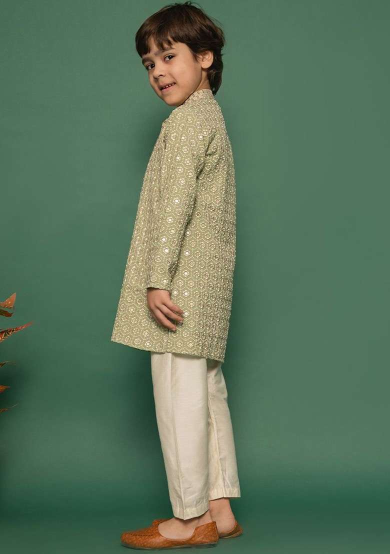 Green Embroidered Blended Kurta Set For Boys - Indya