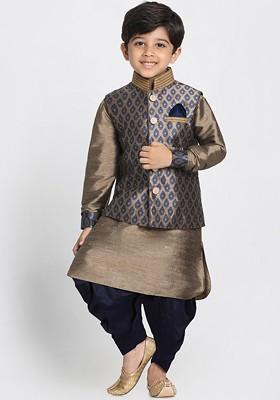 Navy Blue Embroidered Blended Kurta Dhoti Set For Boys