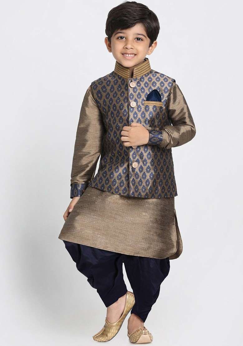 Navy Blue Embroidered Blended Kurta Dhoti Set For Boys - Indya