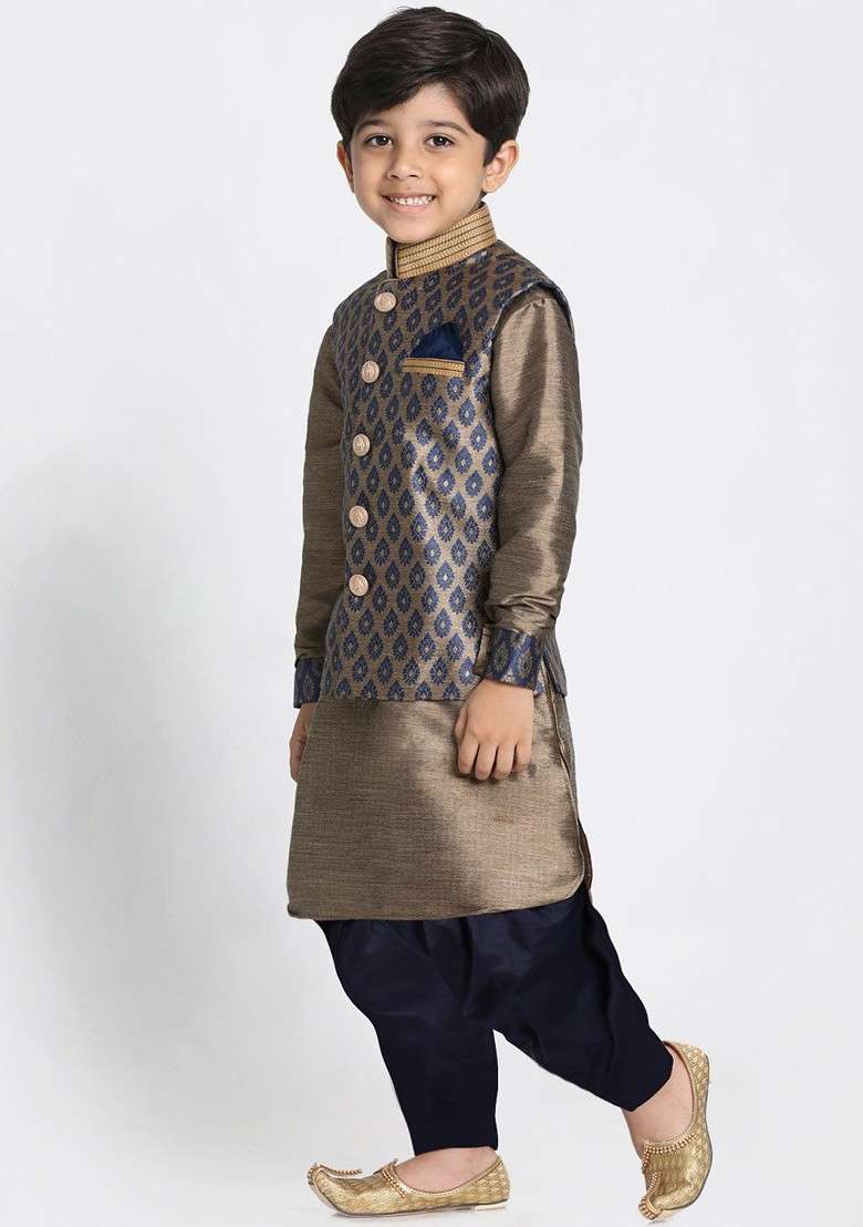 Navy Blue Embroidered Blended Kurta Dhoti Set For Boys - Indya