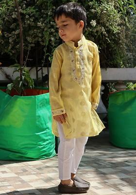 Yellow Embroidered Cotton Kurta Set For Boys
