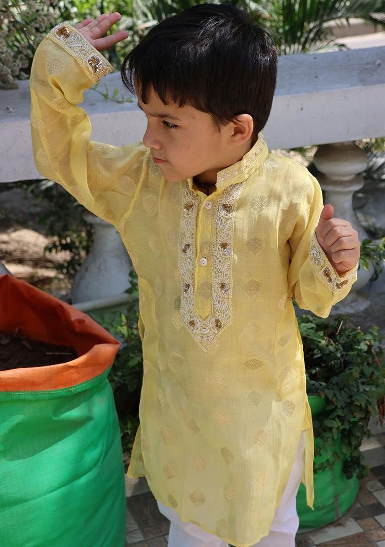 Yellow Embroidered Cotton Kurta Set For Boys - Indya
