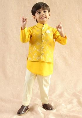 Yellow Embroidered Blended Nehru Jacket Set For Boys
