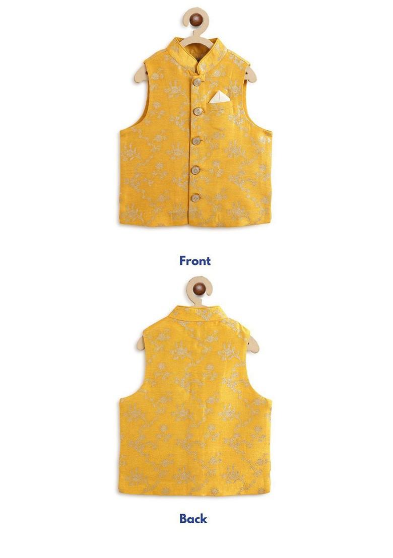 Yellow Embroidered Blended Nehru Jacket Set For Boys - Indya
