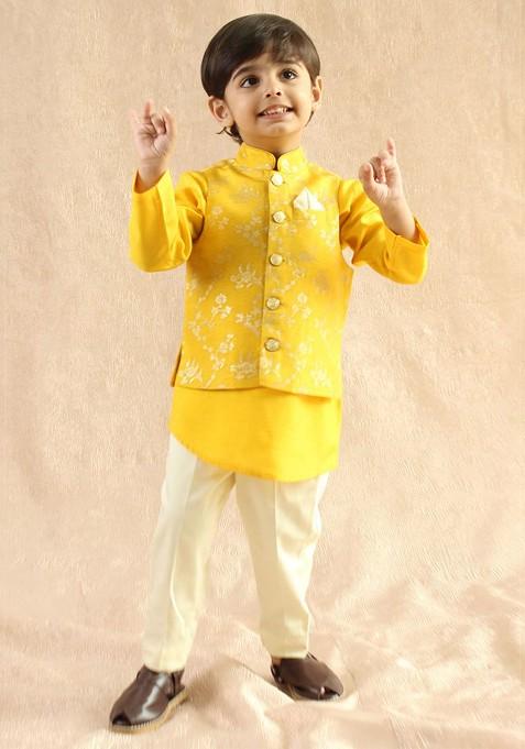 Yellow Embroidered Blended Nehru Jacket Set For Boys — view on Indya