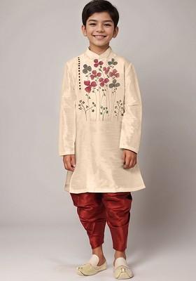 Beige Printed Blended Kurta Dhoti Set For Boys