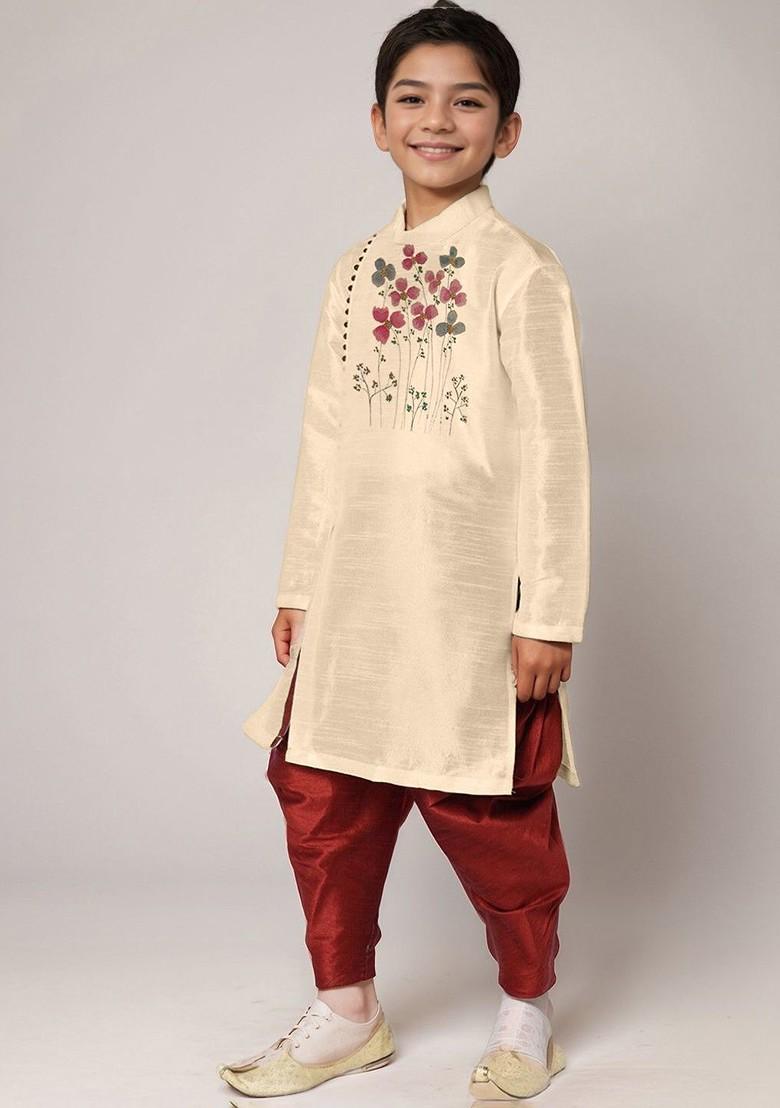 Beige Printed Blended Kurta Dhoti Set For Boys - Indya